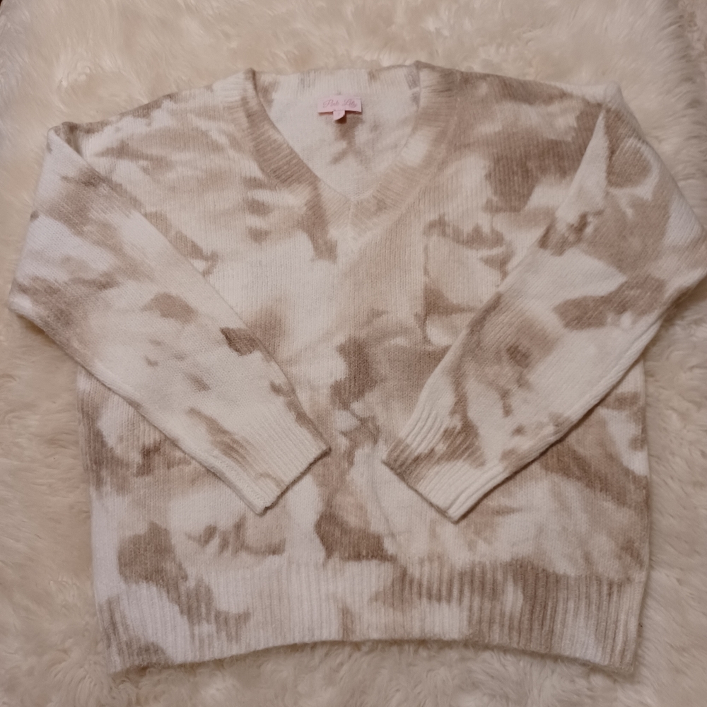 Pink Lily size Small....Tan,Cream,and white sweater